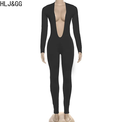 HLJ&GG Sexy Deep V Bodycon Backless One Piece Jumpsuits Women Long Sleeve Slim Playsuits Fashion Female Solid Party Club Overall