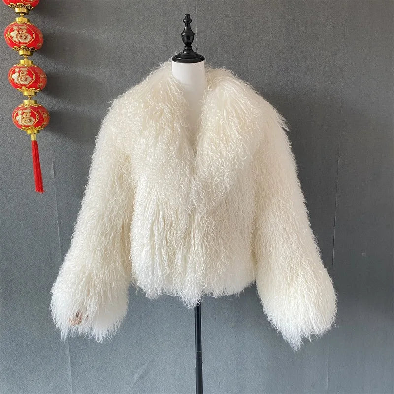 Mongolian Fur Coats Fur Lapel Jacket Women Elegant White Fluffy Solid Thicken Warm Long Sleeves Coats Winter Chic Oversize Lady