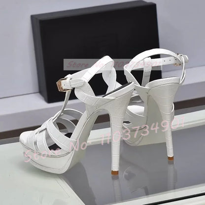 Platform Shiny Leather Cage Sandals Women Open Toe Ankle Strap High Heels Sandals Lady Stone Pattern Sexy Elegant Luxury Shoes