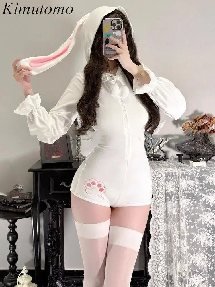 New Rompers Women Playsuits Hooded Sweet Rabbit Ears Cartoon Printed Hooded Funny Sweet Y2k Harajuku Grunge Sexy Jumpsuit