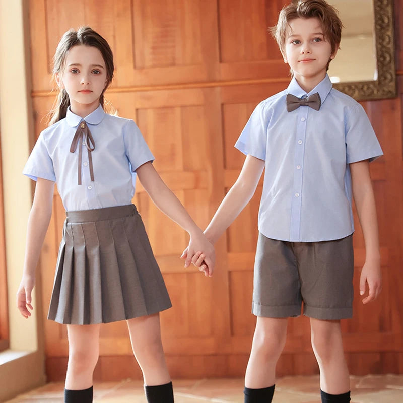 Children Summer Kindergarten School Uniforms Girls Pleated Skirts JK Suit Boys Shirt Shorts Bowtie Wedding Performance Costume