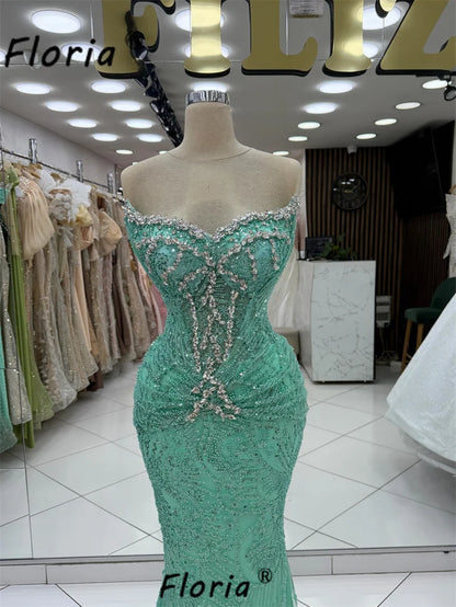 Turquoise Sweetheart Mermaid Prom Dress Customized 2026 Hand Beaded Crystal Backless Formal Party Evening Dress Robe De Soiree