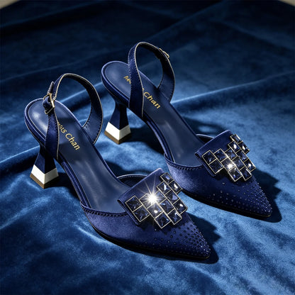 Elegant Olive Green Satin Slingback High Heels for Women - Pointed Toe with Purple Geometric Rhinestones and Block Heel