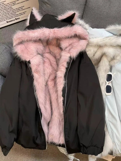 Korean Sweet Hot Girl Two Way Wear Cat Ear Design Hooded Coat Women Y2k Vintage Loose Down Jacket Winter Casual Warm Outerwear