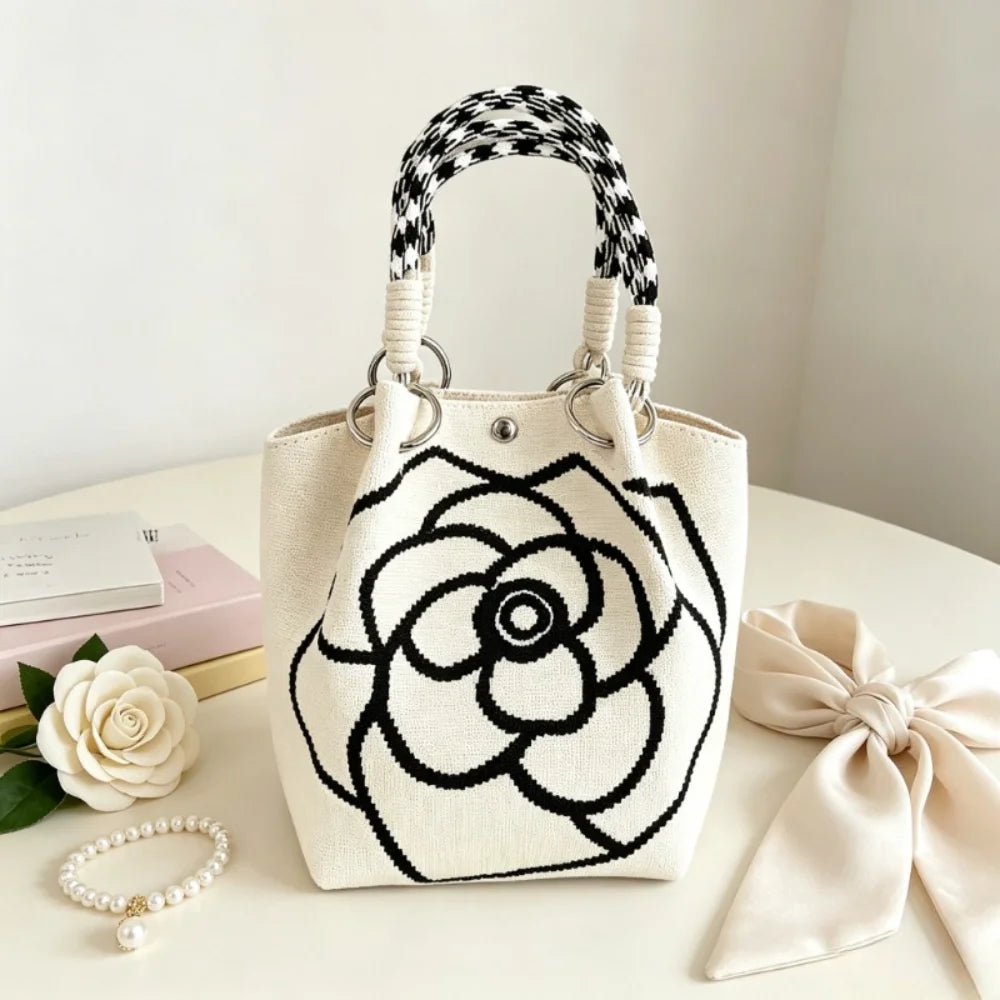1Pc Women Mini Canvas Handbag with Black Camellia Pattern, Checkered Woven Handle Small Bucket Tote Bag, Fashion Lightweight Portable Top Handle Purse for Daily Shopping Coffee Date Travel