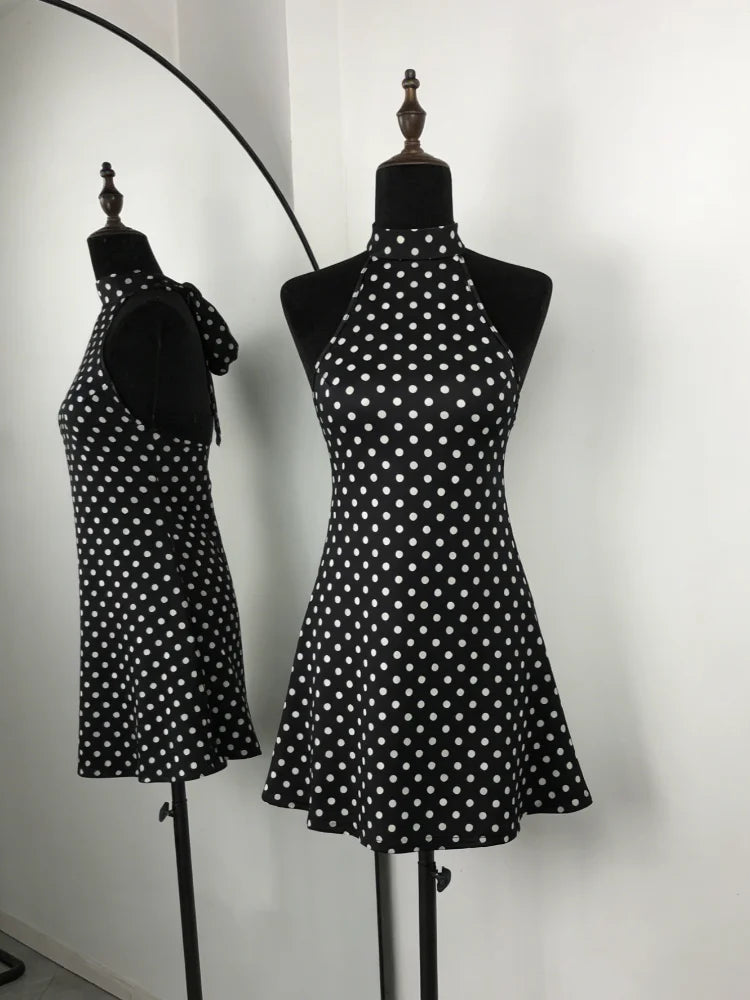 Polka Dots Halter Mini Dress Elegant Backless Sleeveless Cinched Waist Short Dresses Lace Up Skirts 2026 NEW Summer Lady Dresses