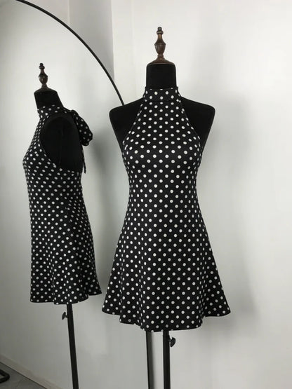Polka Dots Halter Mini Dress Elegant Backless Sleeveless Cinched Waist Short Dresses Lace Up Skirts 2026 NEW Summer Lady Dresses