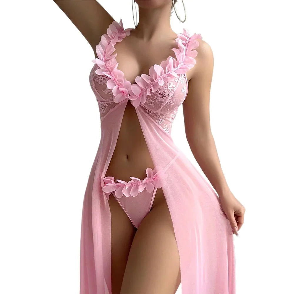 Women Babydolls Nighties Pink Floral Sexy Lingerie Dress Exotic Slip Nightdress Deep-V Lace Mesh See Through Nightgowns