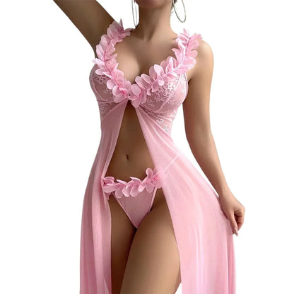 Women Babydolls Nighties Pink Floral Sexy Lingerie Dress Exotic Slip Nightdress Deep-V Lace Mesh See Through Nightgowns