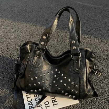 Rivet Punk Large Capacity Handbags Top Quality Sturdy Soft Leather Casual Tote Bag Shoulder Crossbody Bags Daily Commute Travel
