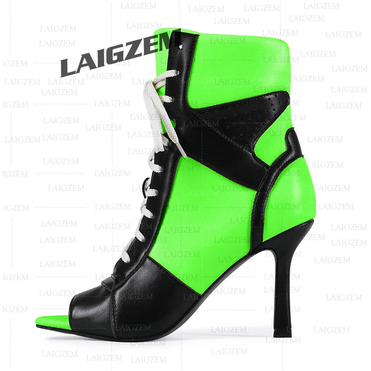 LAIGZEM Women Ankle Boots Patchwork Peep Toe Thin High Heels Boots Lace up Short Boos Ladies Handmade Shoes Woman Size 39 41 43