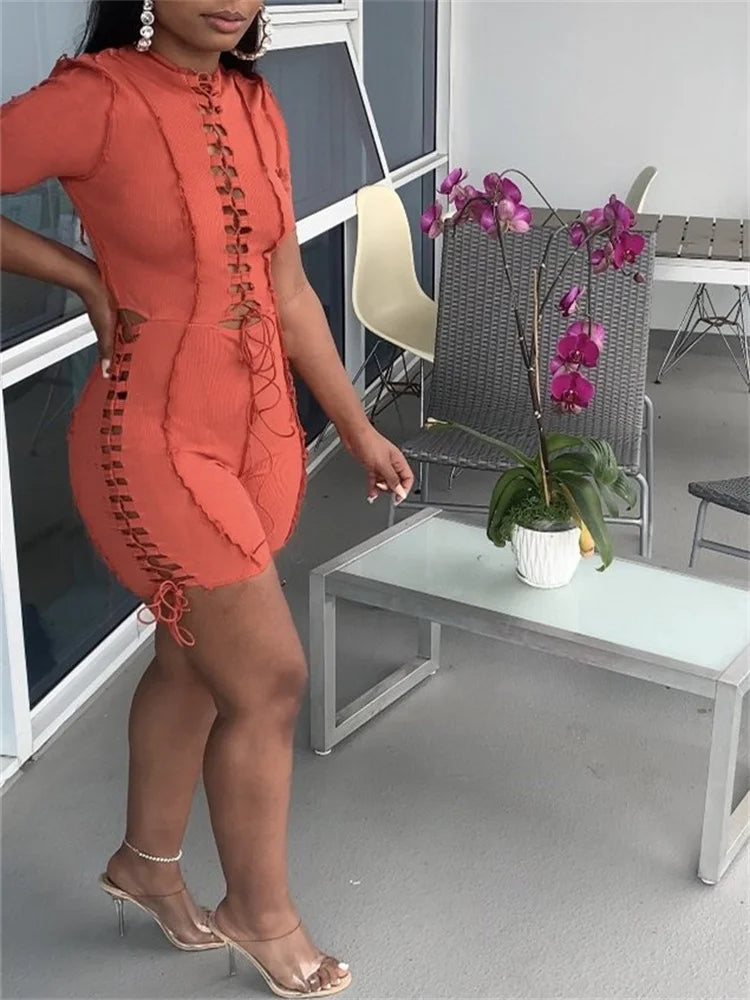 Wholesale Streetwear Jumpsuit Women 2023 One-pieces Outfits Rompers Summer Green Short Sleeve Bodycon Casual Bandage Playsuits