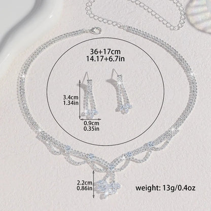 Ladies' Fashionable Silver-Plated And Diamond-Encrusted Metal Necklace, Earrings Set, Bride'S Wedding Attire And Accessories