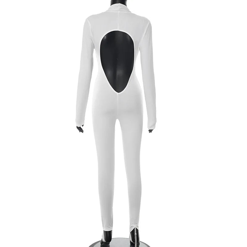 2025 Autumn Solid Backless Skinny Jumpsuits Women Sexy Deep V Neck Long Sleeve Slim Fitness Overalls Clubwear Street Rompers