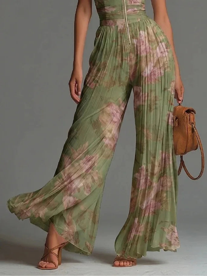 Women Elegant Chiffon Sleeveless Jumpsuit High Waist Pleated Flowy Wide Leg One Piece Overalls Holiday Casual Streetwear Rompers