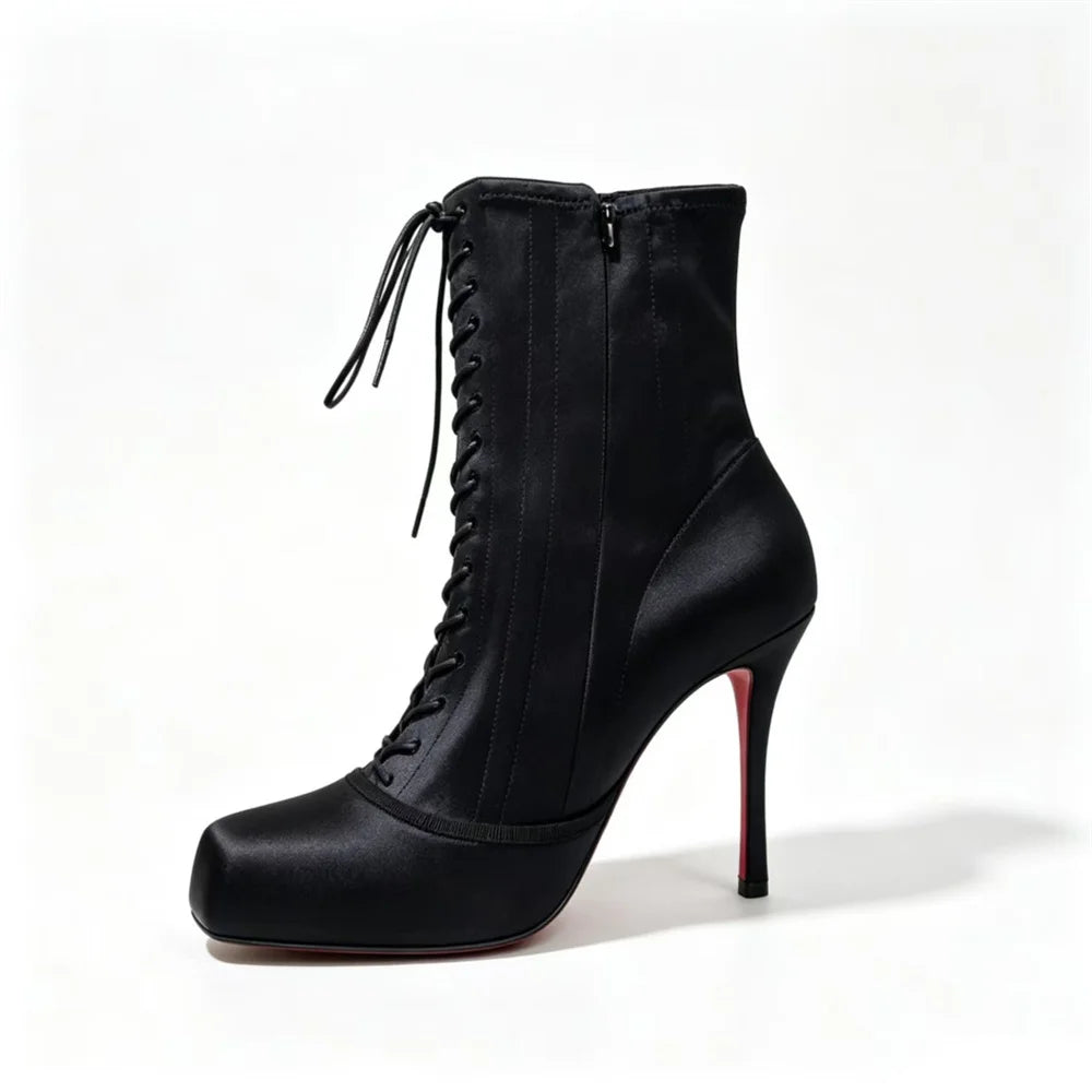 Women Square Toe Lace‑Up Ankle Booties Stiletto High Heels Platform Fashion Party Nightclub Ladies Dress Shoes Zapatos Mujer