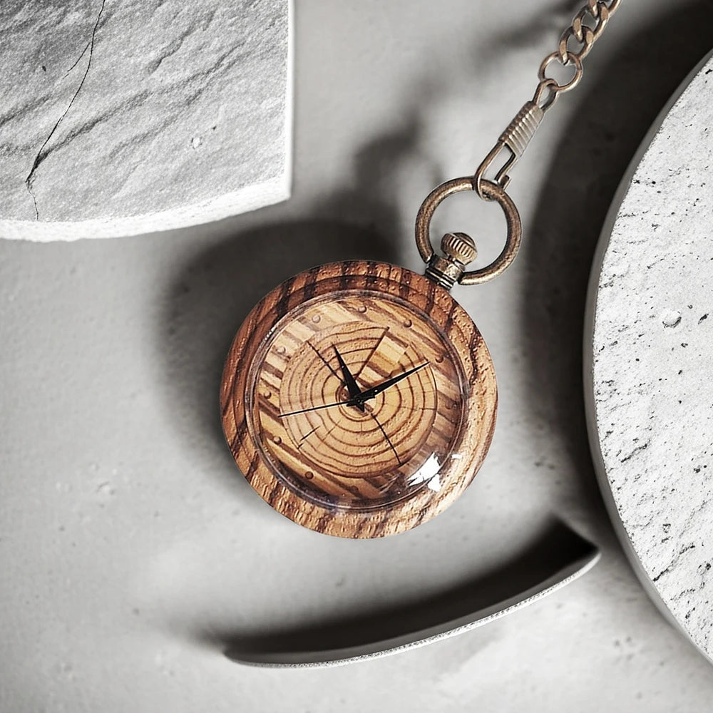 Wooden pocket watch with tree ring pattern, metal chain sweater pendant watch, unisex pocket watch, exquisite holiday gift
