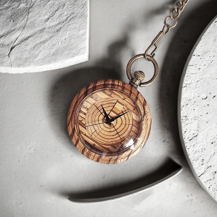 Wooden pocket watch with tree ring pattern, metal chain sweater pendant watch, unisex pocket watch, exquisite holiday gift