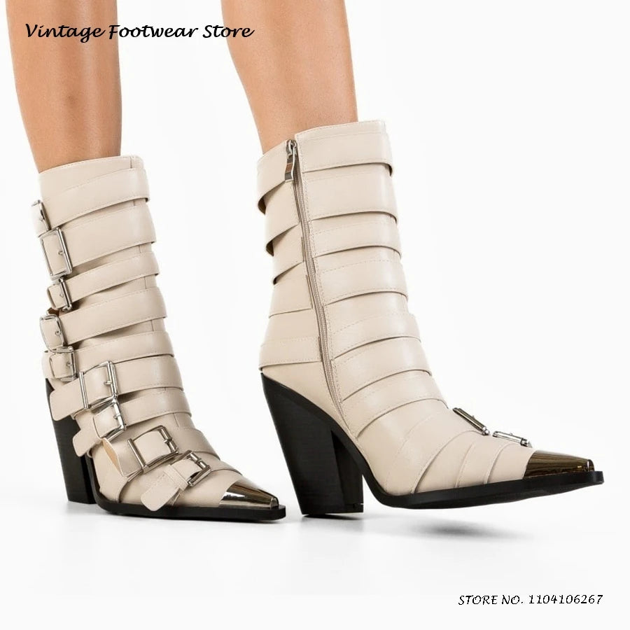 Metal Pointed Toe Belt Buckles Booties 2025 Spring Autumn Side Zipper Solid Plus Size Shoes Women's Chunky Heel Ankle Boots