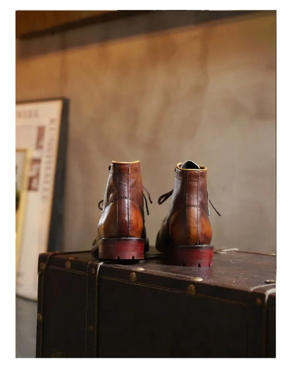 Fashion Men's Genuine Leather Motorcycle Boots British Brogue Shoes High-top Round Toe Mid-calf Chelsea Western Riding Boots