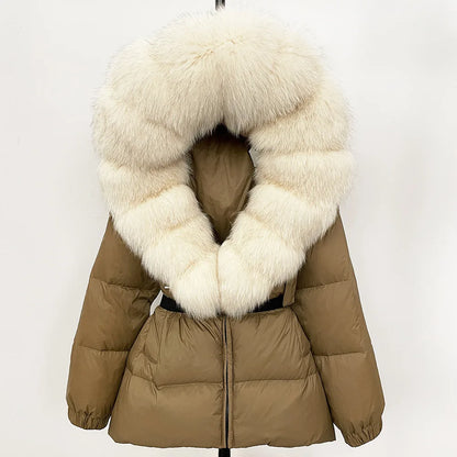 Hot Sale Women Luxury Black Down Jacket Waist‑Cinched Design High‑End Elegant Real Big Fox Fur Hooded Collar Winter Outerwear