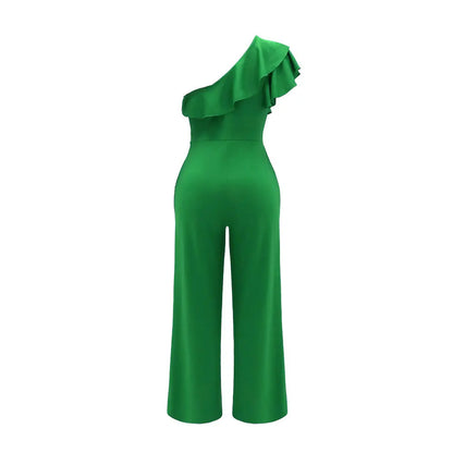 Casual Women's Solid Color Jumpsuits Summer Oblique Collar Black Ears High Waist Wide-leg Pants Fashionable Summer Jumpsuits