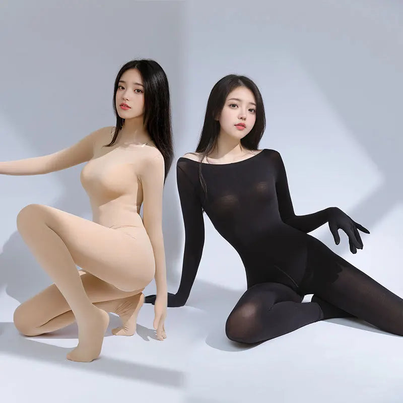 Sexy 120D Crotch Zipper Jumpsuit High Elastic Shaping Women's Bodysuit Shaping Tights Five Finger Gloves Unitard Woman Leotard