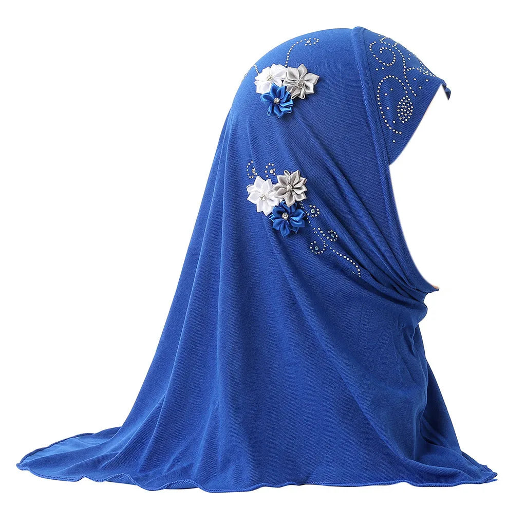 BOHOWAII Kids Girls Muslim Instant Hijab Ready To Wear Islamic Shawls Turban with Flowers Scarfs Jersey Head Wrap (2-7 Y)