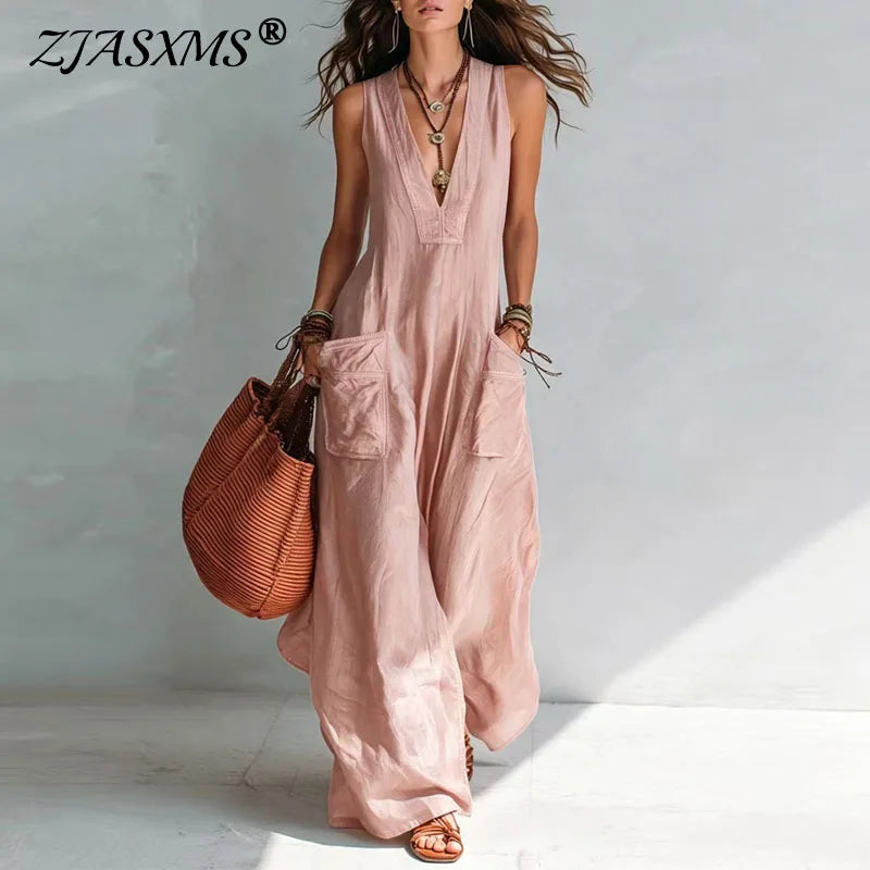 Vintage Sleeveless Overall Jumpsuits Women Deep V Neck Relaxed Pockets Flowy Wide Leg Pants Boho Holiday Vacation One Piece Sets