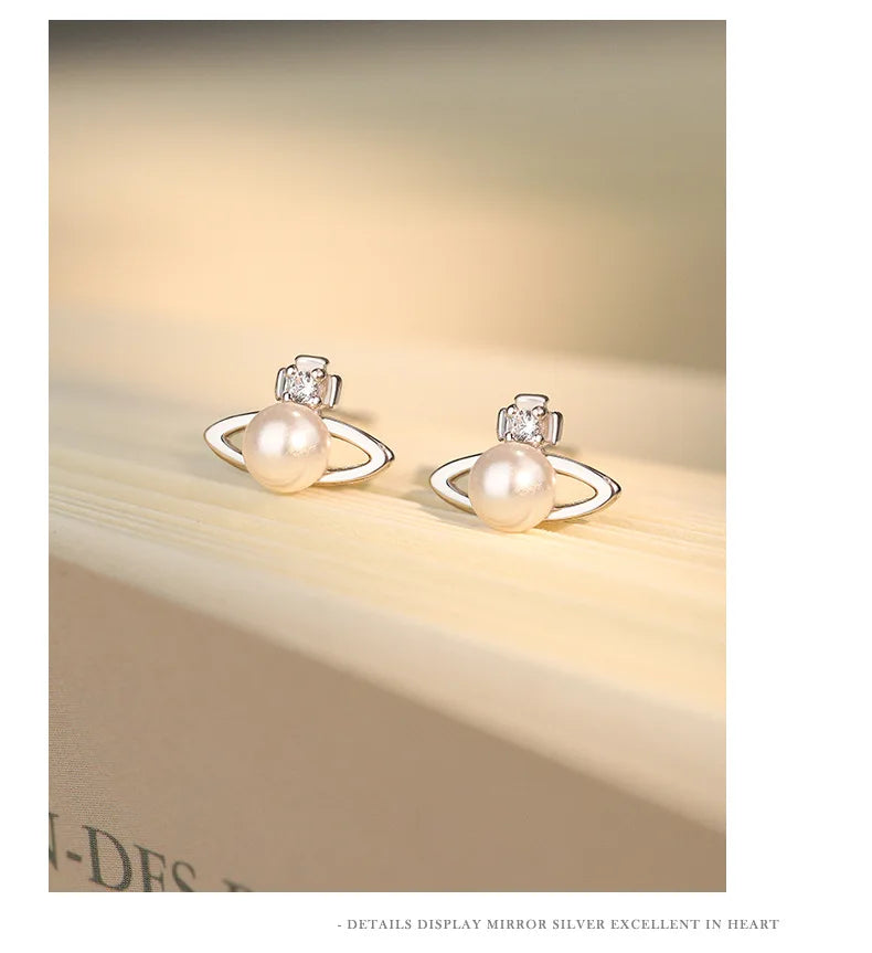 Fashionable Simple 999 Sterling Silver Zircon Planet Shell Earrings for Women Exquisite Light Luxury Jewelry