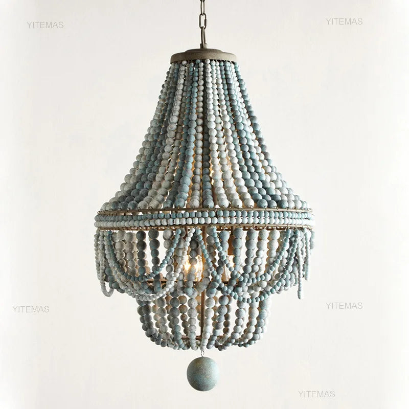 Blue Grey Wooden Beads 8 Lights Chandeliers For Foyers Vintage White Chandelier Lighting Bedroom Living Room Boho Pendant Light