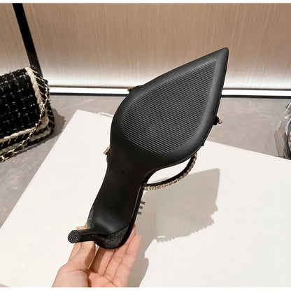 Luxury Rhinestones Gem Narrow band Women Slipper Sandals Elegant Pointed toe Thin High heels Mules Slides Fashion Party Shoes