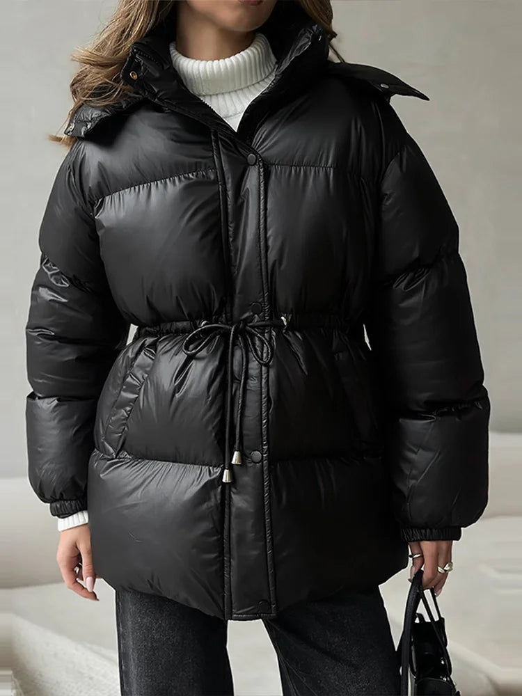 2026 Winter Warm Hooded Padded Cotton Coats Women Casual Drawstring Waist-closed Thick Jackets Female Chic Outerwear Lady New