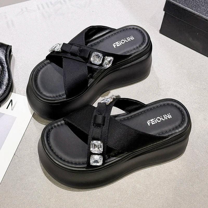 Summer Women's Luxury Rhinestone Bow Platform Wedge Slides Sandals Height Increasing Cross Open Toe Casual Beach Slippers Shoes