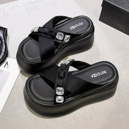 Summer Women's Luxury Rhinestone Bow Platform Wedge Slides Sandals Height Increasing Cross Open Toe Casual Beach Slippers Shoes