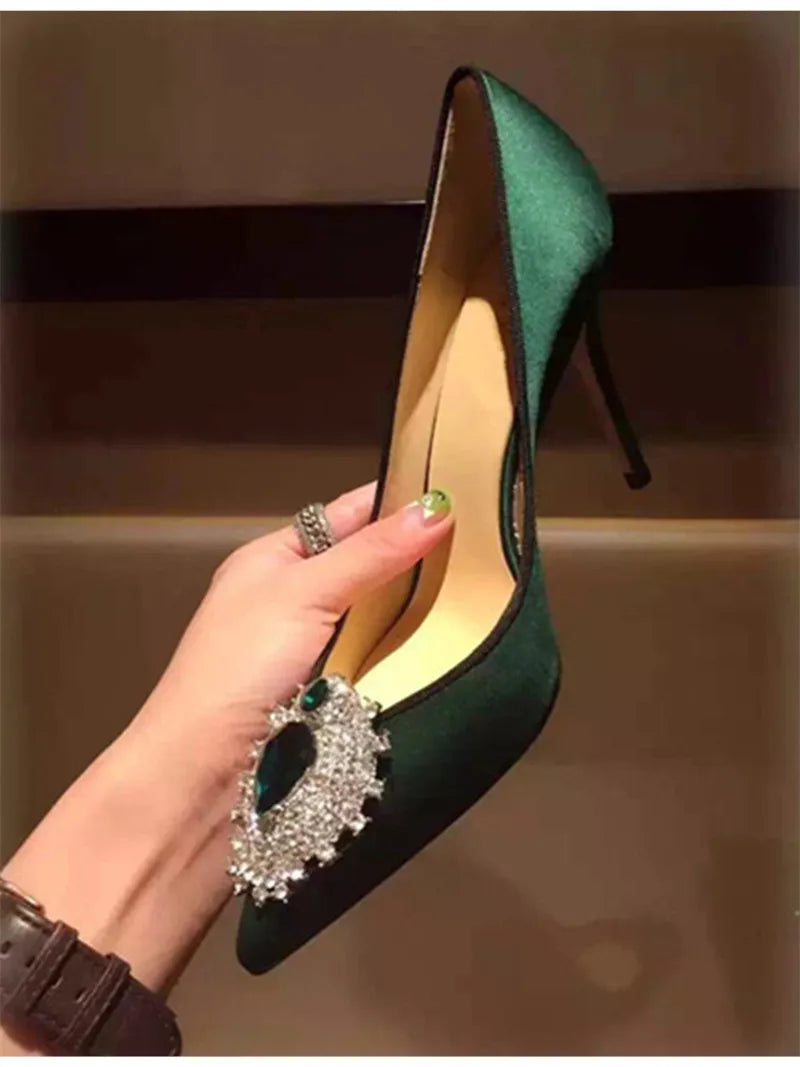 Luxury Diamond Crystal Satin Women Pumps Elegant Pointed toe Stiletto High heels Spring Autumn Fashion Wedding Banquet Shoes