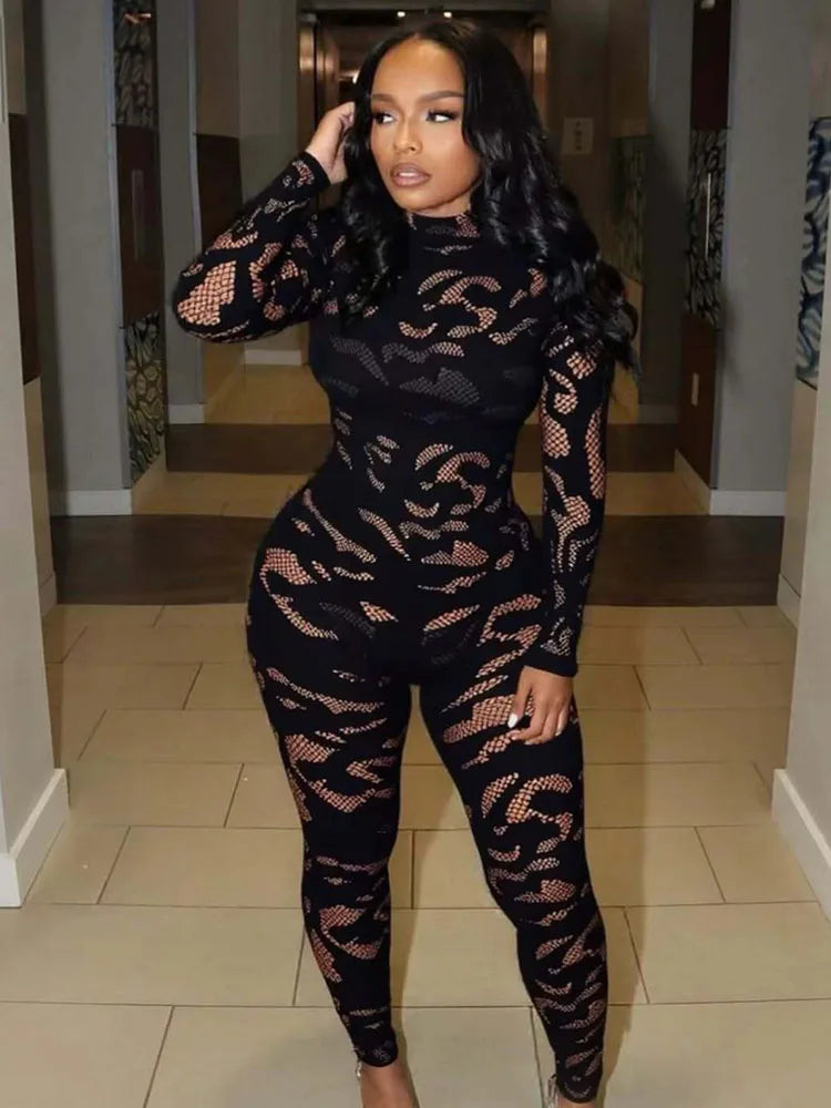 Doyerl Black Sexy Rave Outfit Woman Jumpsuits Long Sleeve Hollow Out Mesh Skinny Club Party Bodycon Rompers One Pieces Overalls