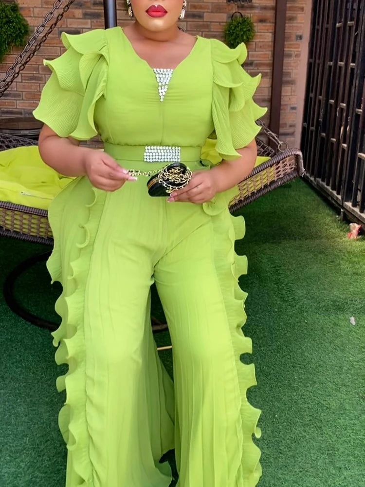 Elegant Women Wide Leg Pleated Jumpsuits V Neck Short Sleeve Ruffle Diamond Waist Belt Fashion African Female Evening Party Wear