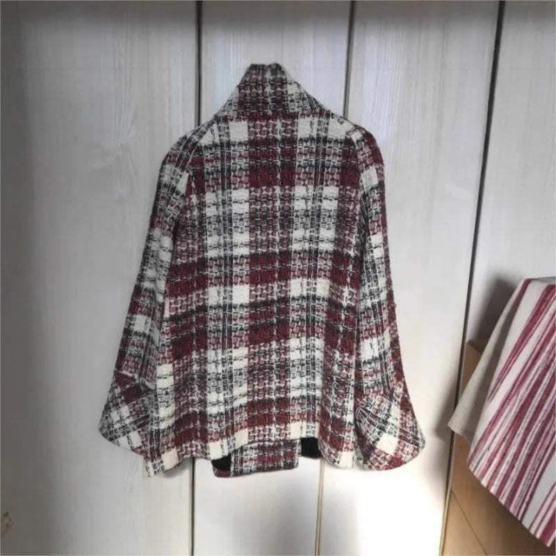Woman Winter Coats Elegant Warm Plaid Stand Collar Pocket Coat Fashion  Loose Coats Versatile Casual Female Jacket New Outerwear