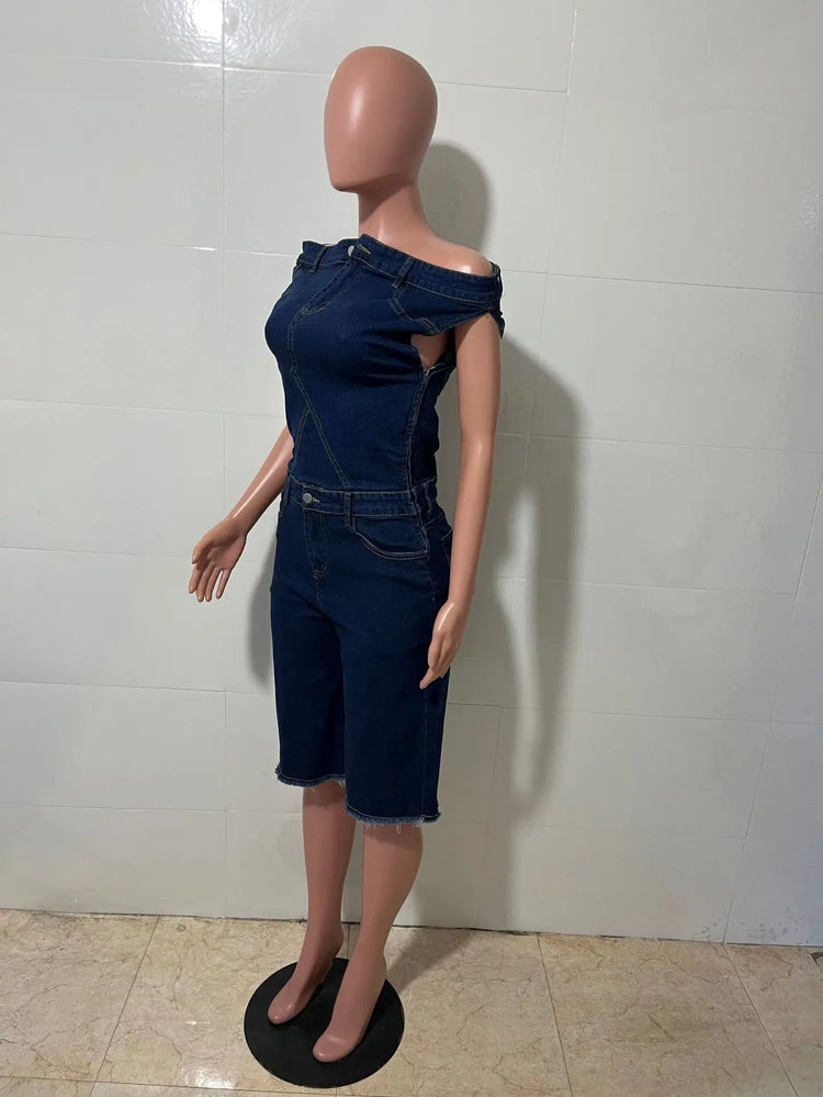 Jumpsuits Women Denim One Piece Short Sleeve Overalls Knee Length Pants Tight Waist Rompers Y2k Streetwear Slash Neck 2026