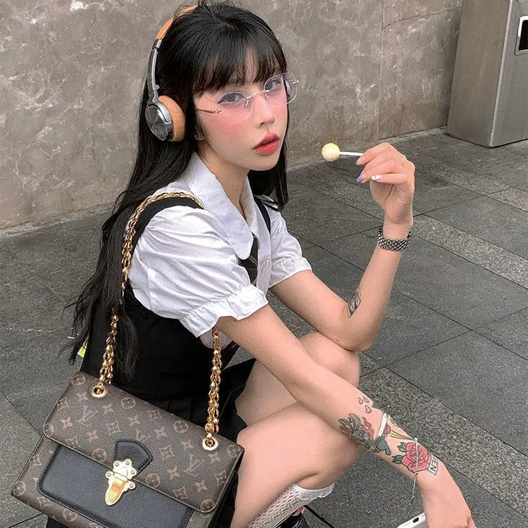 2025 korea japan style female summer fashion style jk uniform halter pleated skirt bubble short sleeve shirt two piece sets g823