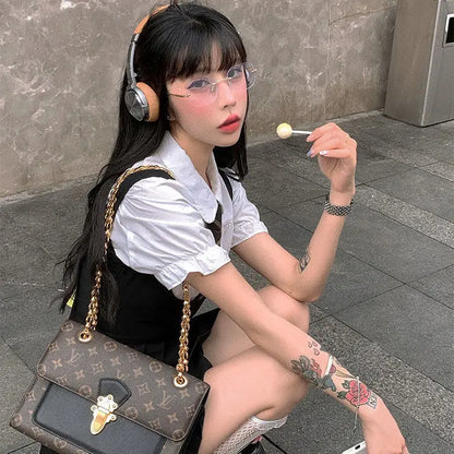 2025 korea japan style female summer fashion style jk uniform halter pleated skirt bubble short sleeve shirt two piece sets g823