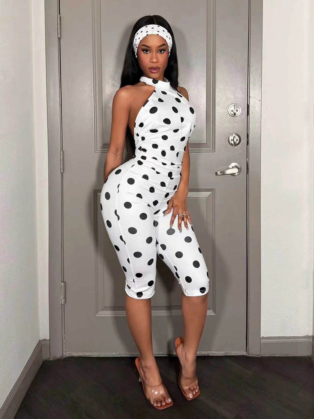 Polka Dot Off-Shoulder Long Sleeve Jumpsuit Women's Waist-Cinching Slim Fit Pleated Bodycon Backless Belted Ankle-Length Pant