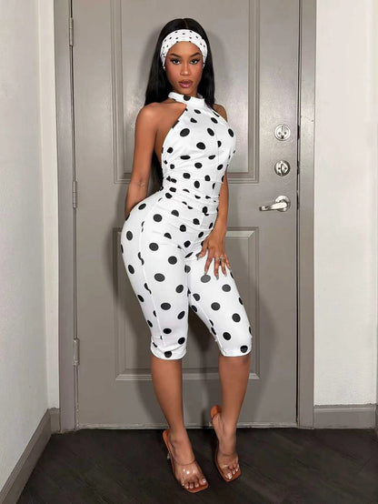 Polka Dot Off-Shoulder Long Sleeve Jumpsuit Women's Waist-Cinching Slim Fit Pleated Bodycon Backless Belted Ankle-Length Pant