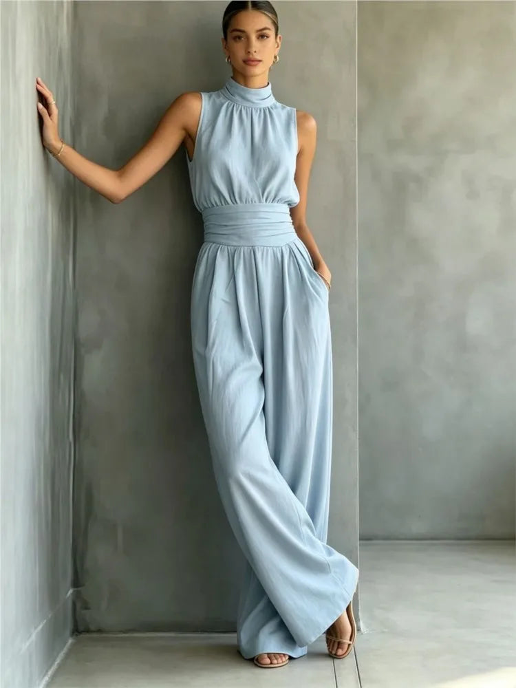 Summer New Fashion Half Turtle Collar Sleeveless Women's Jumpsuit 2026 Elegant Slim Waist Shaping Wide Leg Female Rompers