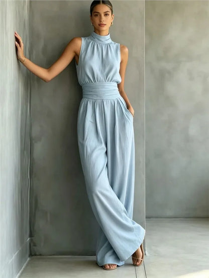 Summer New Fashion Half Turtle Collar Sleeveless Women's Jumpsuit 2026 Elegant Slim Waist Shaping Wide Leg Female Rompers