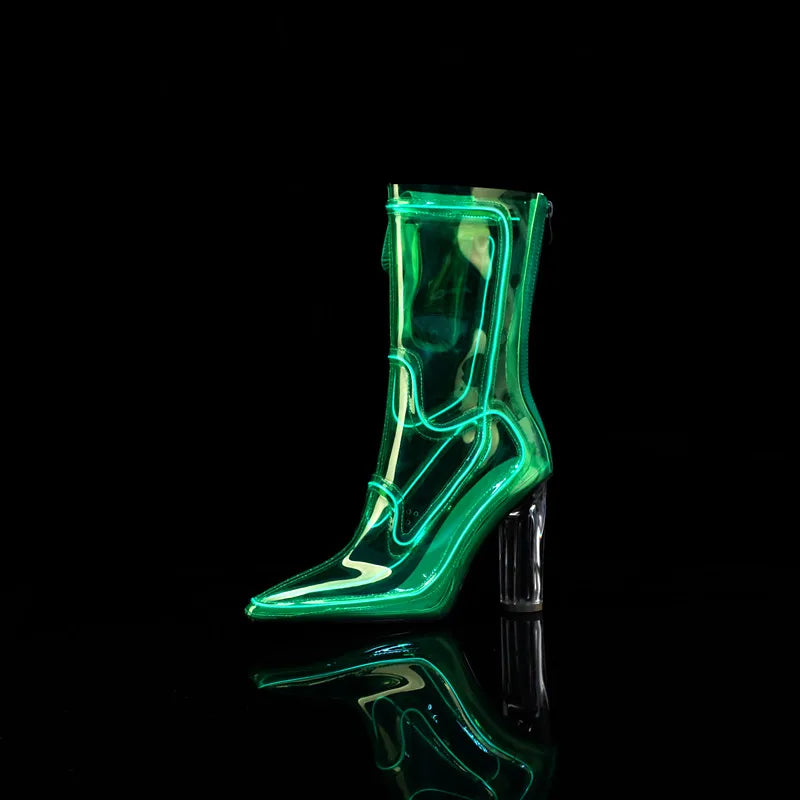 Women Glowing Transparent PVC Ankle Boots Pointed Toe Chunky Clear High Heel Fashion Sexy Dress Party Nightclub Festival Stage