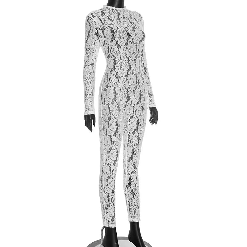 Fall Women's Jacquard Lace Jumpsuit Sexy See-Through Long Sleeve Back Zip Skinny Rompers Coquette Midnight Clubwear