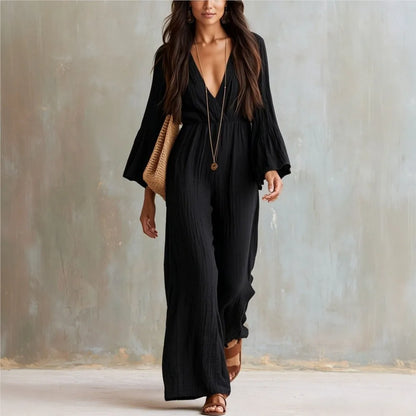 Women Sexy Deep V Neck Flare Sleeve Jumpsuits Spring Autumn Solid Crinkle High Waist Loose Casual Holiday Wide Leg Pants Romper