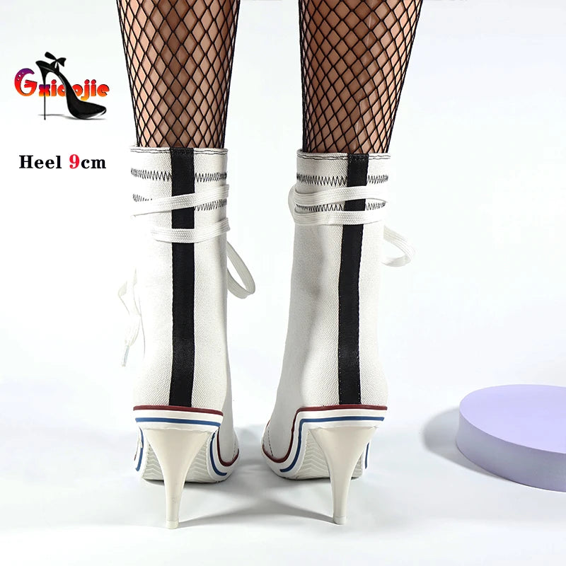Sport Style Lace Up Denim Boots Ladies Retro Cowboy Dress Shoes Female Unique Shoes Casual Studded High Heels Spring Autumn Boot